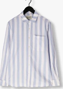 lichtblauwe scotch & soda casual overhemd yarn-dyed linen blend striped regular fit shirt