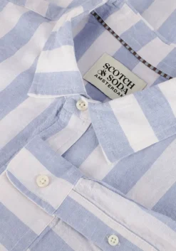 lichtblauwe scotch & soda casual overhemd yarn-dyed linen blend striped regular fit shirt