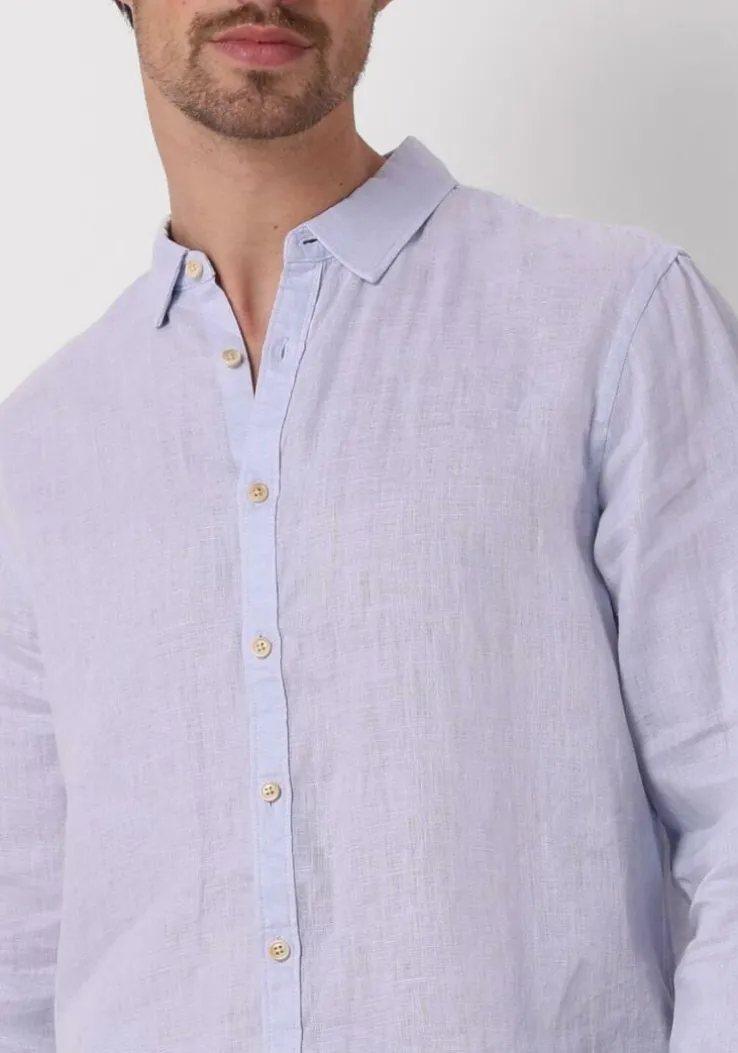 lichtblauwe scotch & soda casual overhemd linen shirt with roll-up