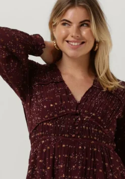 rode scotch & soda mini jurk long sleeved lurex jacquard ruffle dress with v-neck