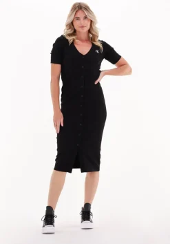 zwarte calvin klein midi jurk ck button through rib long dress