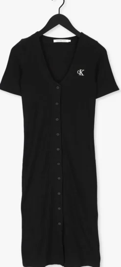 zwarte calvin klein midi jurk ck button through rib long dress