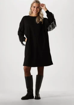 zwarte co'couture mini jurk studcc fringe sweat dress