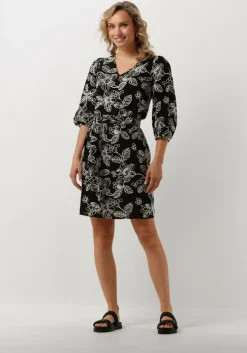 zwarte jansen amsterdam midi jurk wge517 embroidered dress 3/4 sleeve v-neck