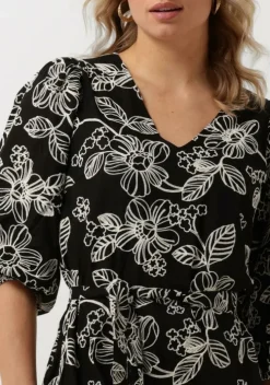 zwarte jansen amsterdam midi jurk wge517 embroidered dress 3/4 sleeve v-neck