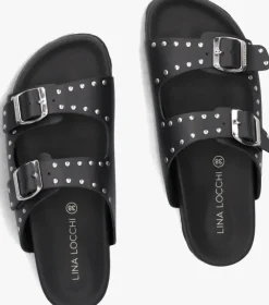 zwarte lina locchi slippers 2 gesp slipper met studs