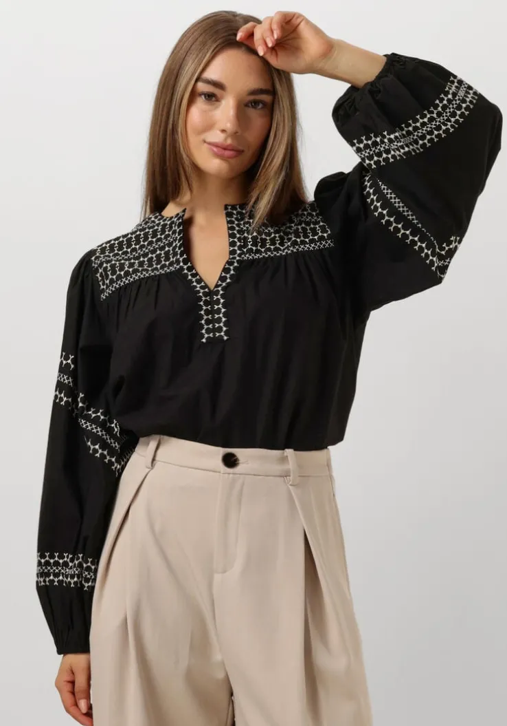 zwarte summum top top embroidered cotton poplin