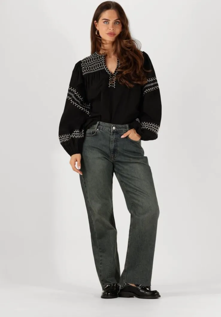 zwarte summum top top embroidered cotton poplin