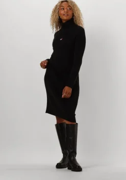 zwarte tommy jeans midi jurk tjw mockneck badge sweater dress