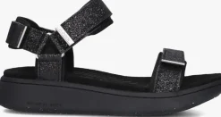zwarte woden platte sandalen line glitter