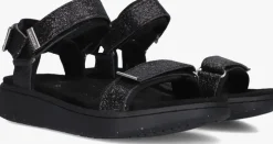 zwarte woden platte sandalen line glitter