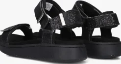 zwarte woden platte sandalen line glitter
